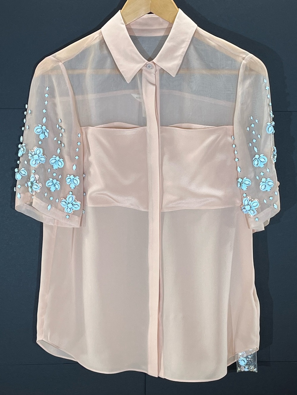 NWT Rebecca Taylor Sheer Silk Short/Sleeve Blouse w/Turquoise Floral Beading